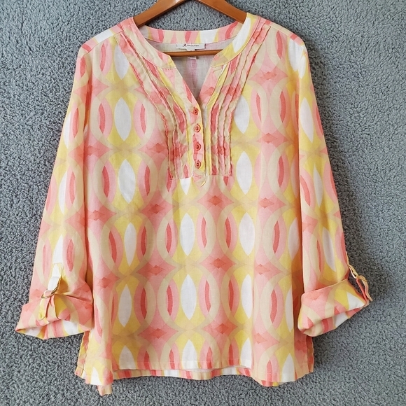 JM Collection Tops - Yellow Pink Linen Blouse US 18 JM Collection Long Sleeve Printed Popover Tunic